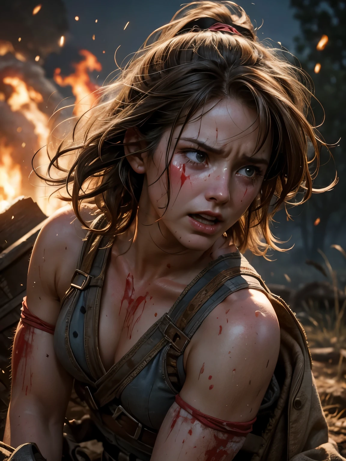 Helen Skelton, American Civil War, close-up action shot from ground level, naked Confederate soldier, crying, sweating, damp hair, on a bloody battlefield, explosion, fires