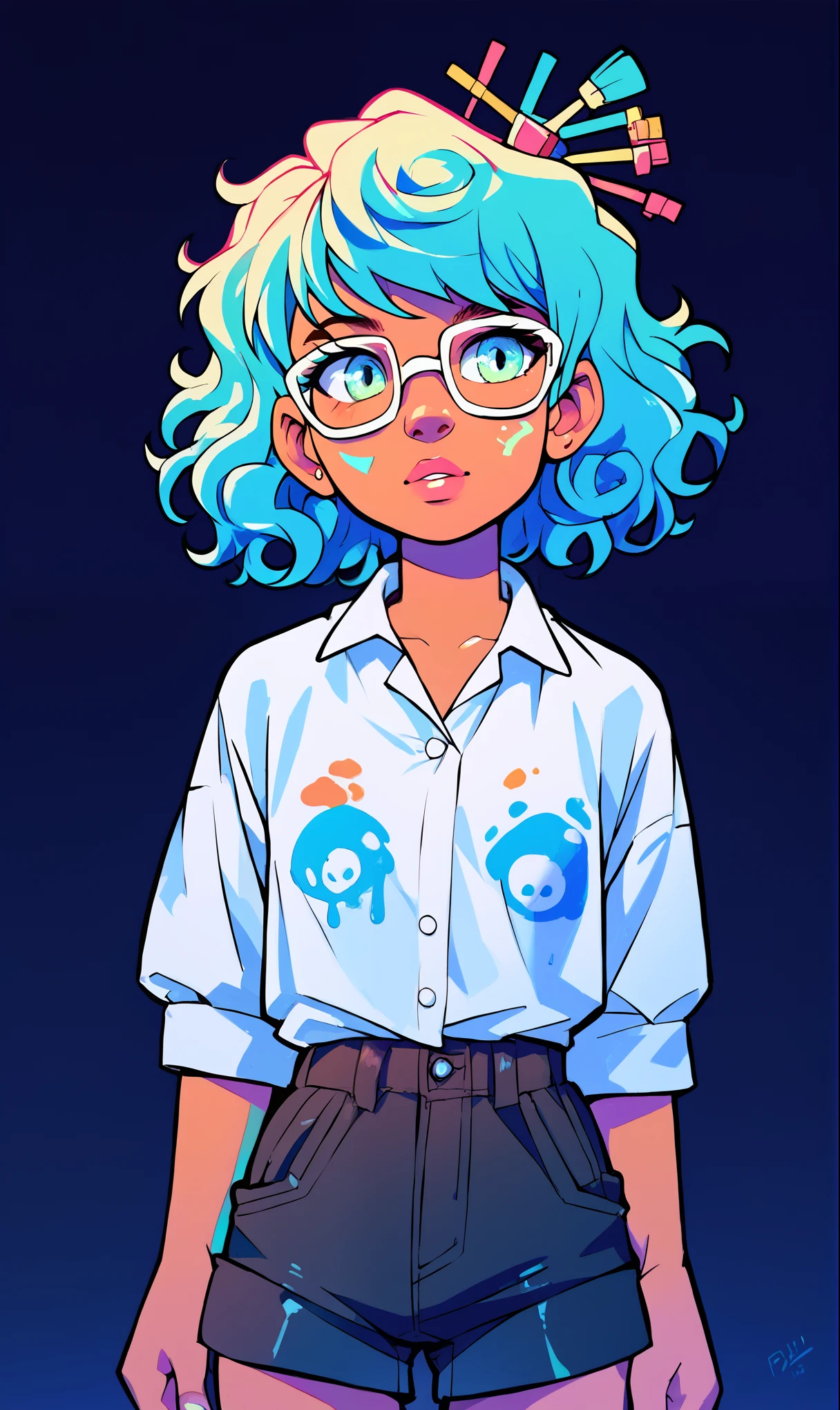 (score_9, score_8_up), score_7_up, score_6_up, score_5_up, score_4_up, 1girl, rim lights, brown skin, curly hair, short hair, hair pin, dark background, vibrant, high contrast, painterly, traditional oil paint, white shirt with panda face design on it, black shorts, glasses,