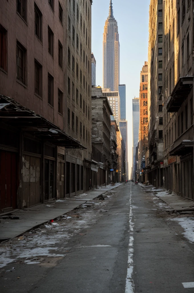 ((Highest quality)), ((masterpiece)), (detailed), NY street, dawn, Dilapidated, somewhat nostalgic, sparsely populated