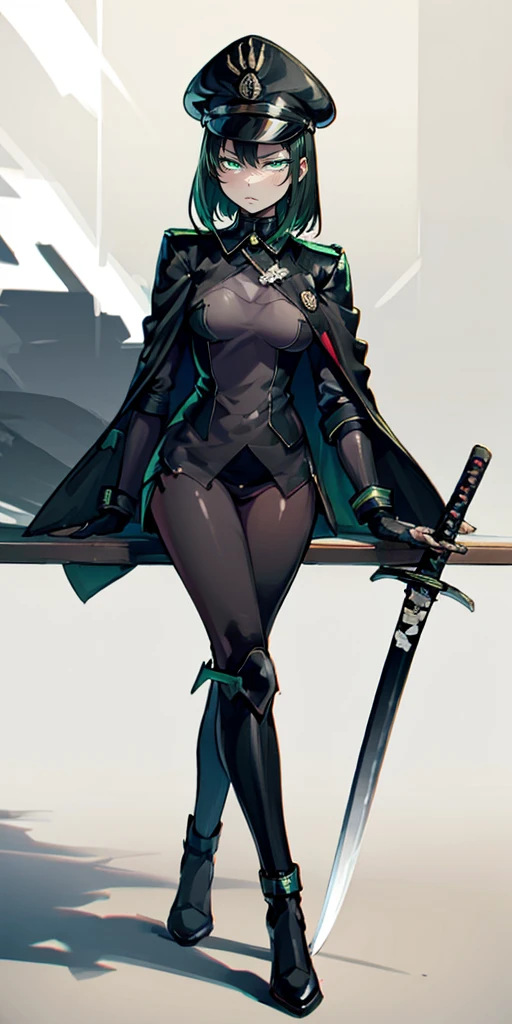 allmind, short hair, black hair, bangs, curvy, anatomical correct, outfit-blackgh, 1girl, solo, looking at viewer, full body, crossed legs, katana, sheath, peaked cap, sheathed, military hat, hollow eyes, green eyes, lips, cheek, expressionless, glaring eyes, upper teeth, 