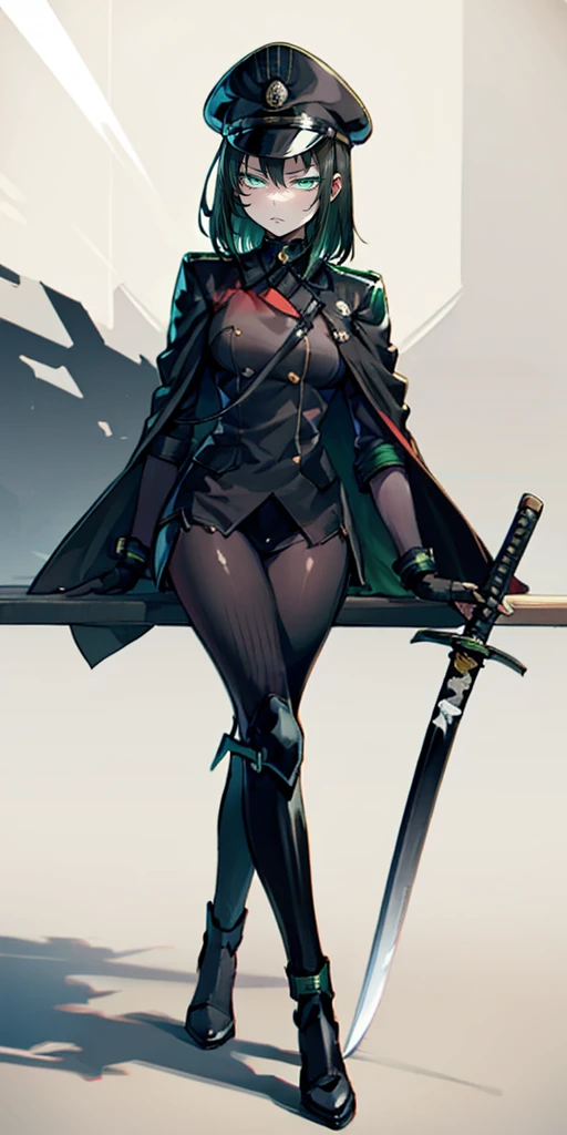 allmind, short hair, black hair, bangs, curvy, anatomical correct, outfit-blackgh, 1girl, solo, looking at viewer, full body, crossed legs, katana, sheath, peaked cap, sheathed, military hat, hollow eyes, green eyes, lips, cheek, expressionless, glaring eyes, upper teeth, 