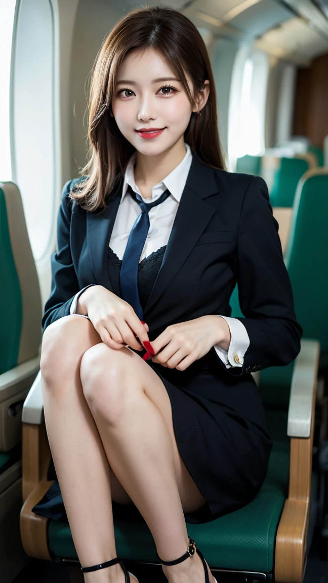 highest quality、table top、8k、best image quality、Award-winning work)、one beautiful woman、radiant beautiful skin , masterpiece、top-quality、The ultra -The high-definition、depth of fields、lens flare 1 girl、、brown hair、ponytail, watching at viewers glares, large breasts , stewardess uniform, ( stewardess blazer:1.2), short skirt, (black ysl high heels), perfect legs, model pose, view from below, smiling , flight cabin, pantyhose