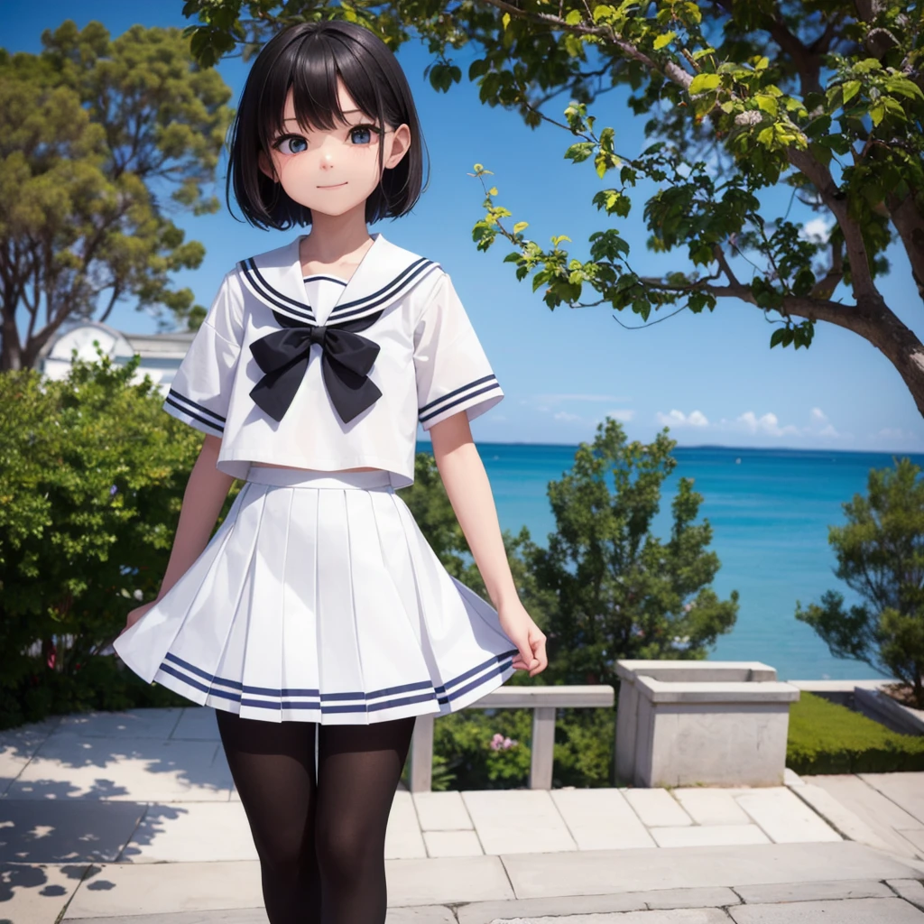 1 Girl, cute, (View your viewers:1.0), detaileds sky, ((masterpiece:1.4, Highest quality)), multiple detaileds, eye shadow, SFW, (Medium Shot:1.5), Gradient eyes,
roller:addition_detailed:0.8>, (Black Pantyhose:1.2), Straight,
One girl, Have, Sailor, Branch Eyes, short hair, Black Hair, Sailor collar, White shirt, Semi-transparent white long skirt, Below the knee skirt, Murasa Minamitsu, hishaku、smile