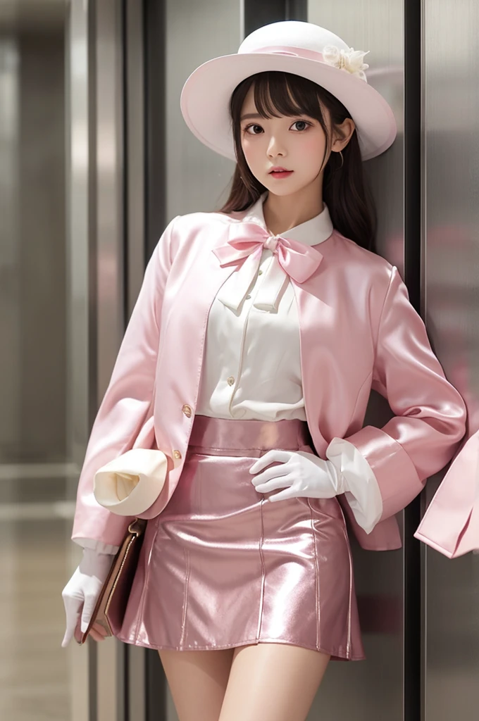 Highest quality、Elevator Girl、A short pink jacket made of shiny, lustrous silk、White blouse with ribbon、Very short tight skirt、Micro Mini Skirt、A small round hat with a ribbon、Skinny、White gloves、Very embarrassed look、Sit on the floor facing the front、Face straight