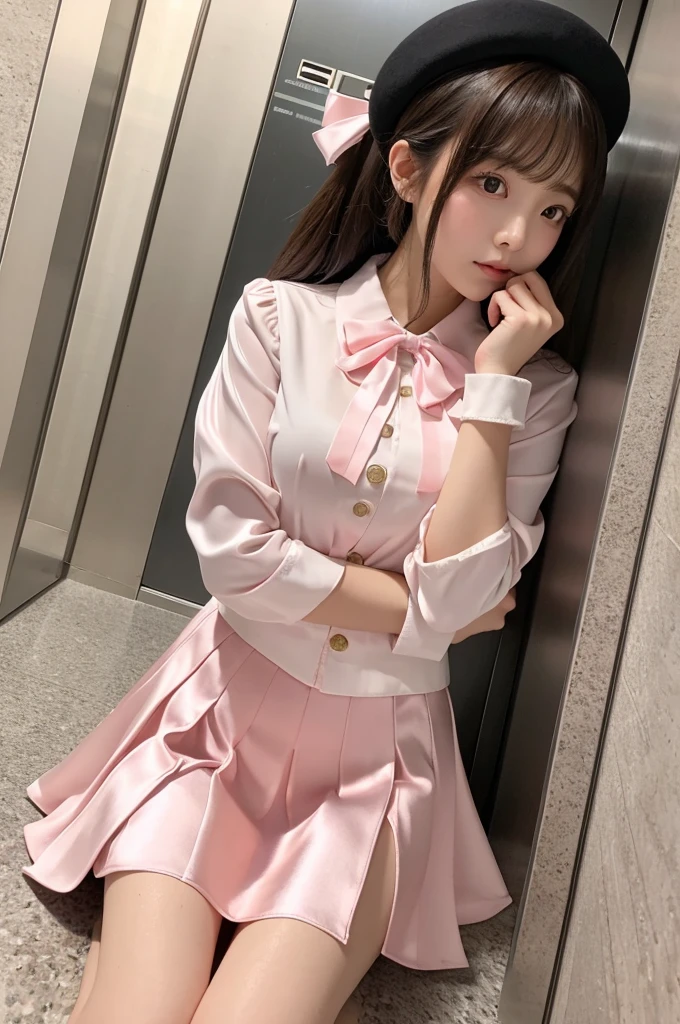 Highest quality、Elevator Girl、A short pink jacket made of shiny, lustrous silk、White blouse with ribbon、Very short tight skirt、Micro Mini Skirt、A small round hat with a ribbon、Skinny、White gloves、Very embarrassed look、Sit on the floor facing the front、Face straight