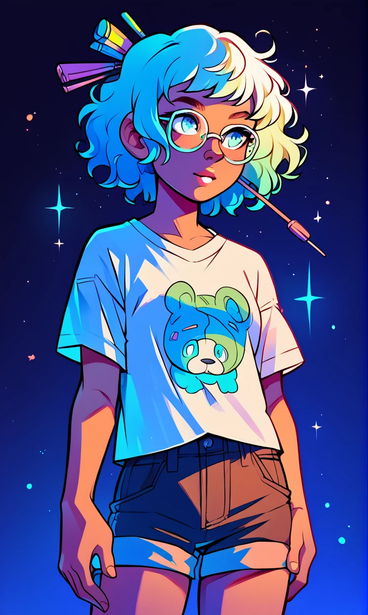 (score_9, score_8_up), score_7_up, score_6_up, score_5_up, score_4_up, 1girl, rim lights, brown skin, curly hair, short hair, hair pin, dark background, vibrant, white T-shirt with panda face design on it, black shorts, glasses,