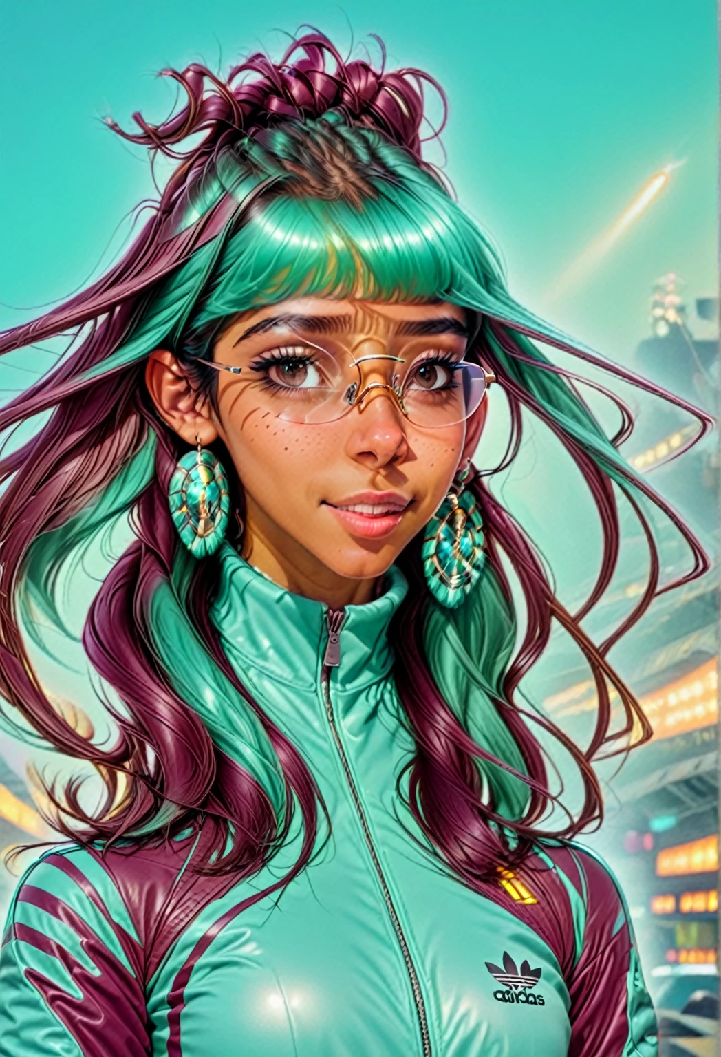 She is in a disco, cute girl, Latina, button nose, age 23, young. ights on her skin cute indian woman with a button nose, age 23, young. ative American-style hair, maybe ponytails. eautiful, 1980s hip hop clothing,. maroon leather jacket with many silver zippers. ippers are angled. nd shinny. ling bling. air, in a 1970s
2077_Style, glowing earings. uturistic tech glasses, MR glasses. n beautiful. he is shown from the waist up. h is looking aways from the camera. ity in the background. he is wearing an Adidas maroon turtle neck, with aqua blue, touquise. hree stripes. didas. osed from the waist up. looking aways from the viewer. freckles smiling with a separate buck teeth.