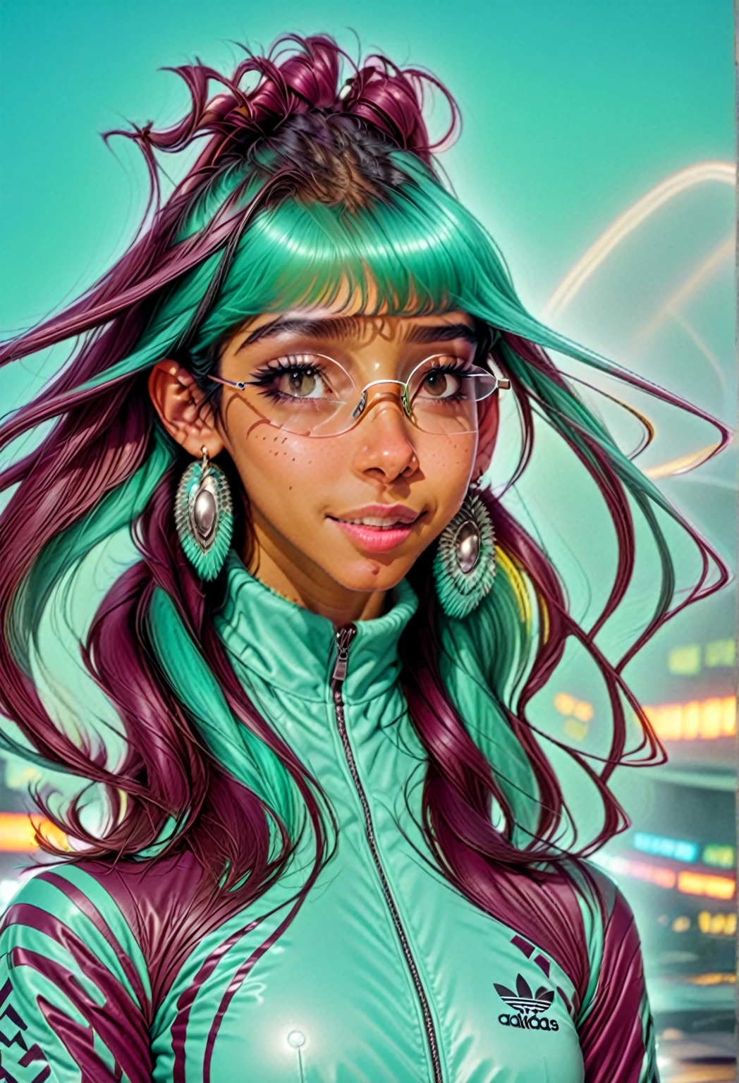 She is in a disco, cute girl, Latina, button nose, age 23, young. ights on her skin cute indian woman with a button nose, age 23, young. ative American-style hair, maybe ponytails. eautiful, 1980s hip hop clothing,. maroon leather jacket with many silver zippers. ippers are angled. nd shinny. ling bling. air, in a 1970s
2077_Style, glowing earings. uturistic tech glasses, MR glasses. n beautiful. he is shown from the waist up. h is looking aways from the camera. ity in the background. he is wearing an Adidas maroon turtle neck, with aqua blue, touquise. hree stripes. didas. osed from the waist up. looking aways from the viewer. freckles smiling with a separate buck teeth.