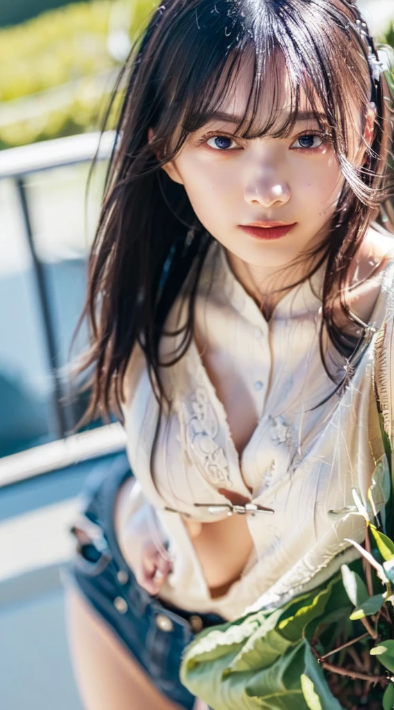 ((((masterpiece, best quality, high resolution)))), Extremely detailed 8K, Beautiful girl with voluptuous body, (Ultra HD, Ultra-detailed, Highly detailed, Highly realistic, Ultra-realistic, photograph realistic), (1girl:1.5), (Realistic white hair), short wavy black hair, bob cut, (dynamic poses), facing at camera, light smile, purple eyes, average breasts, (beautiful detailed face, beautiful detailed eyes), (white tank top, thin material), cleavage, dark jean shorts, glow, sweat, (sunbeam, sunlight)、Fishnet tights