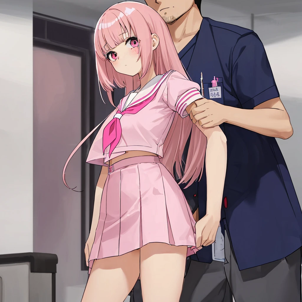 A pink-haired high school girl in a sailor uniform receives a vaccination、A man grabs your arm、Take the syringe and stick it into your upper arm.。.
