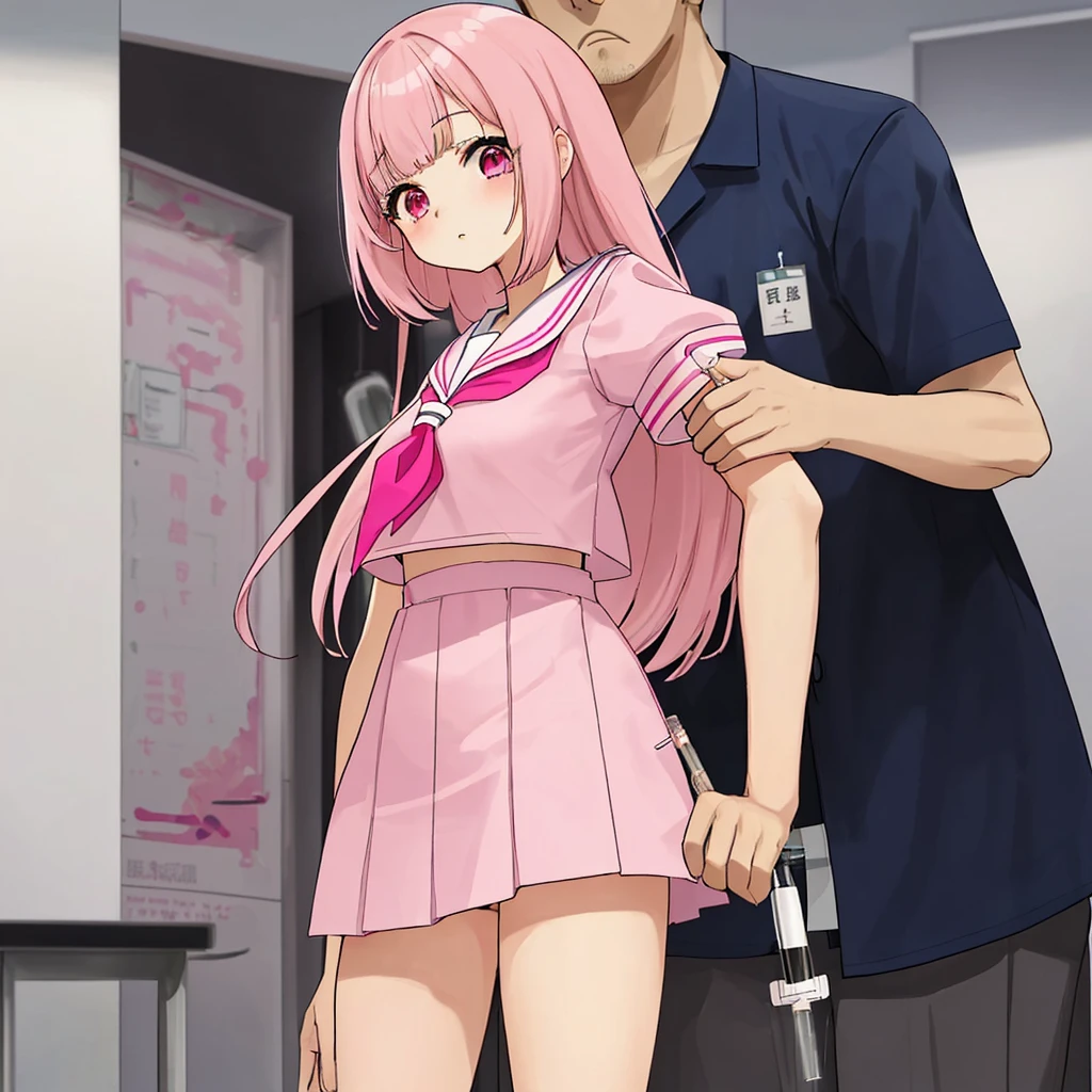 A pink-haired high school girl in a sailor uniform receives a vaccination、A man grabs your arm、Take the syringe and stick it into your upper arm.。.