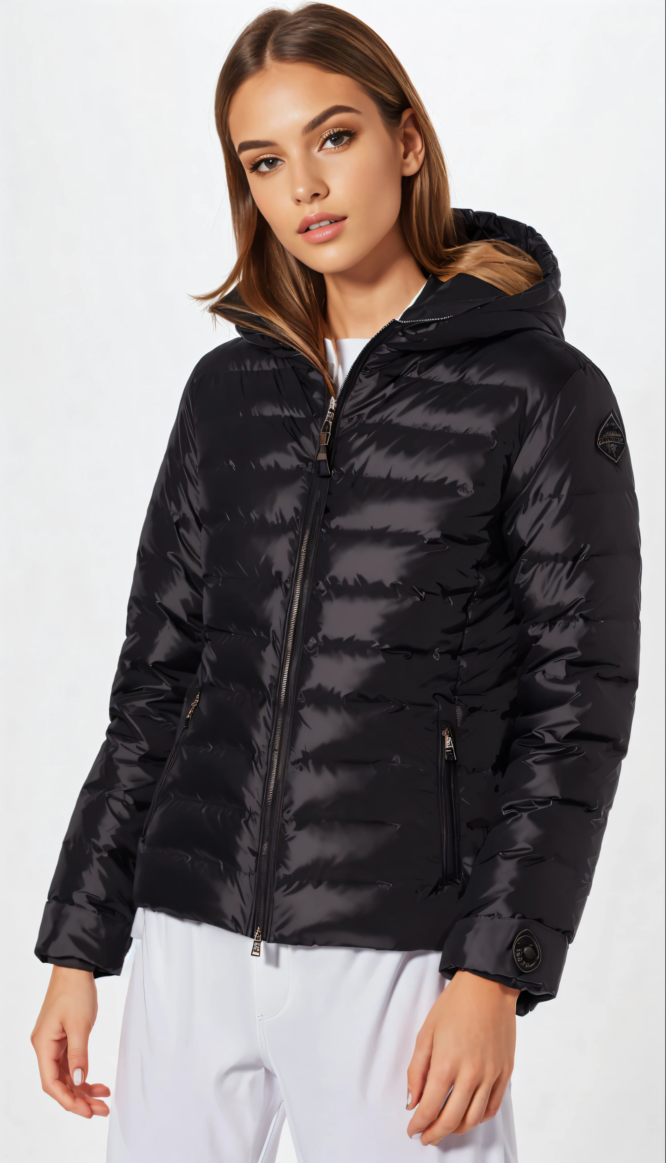 a woman wearing a black puffy jaqueta with a hood, model wears a puffer jaqueta, jaqueta, casaco de couro preto azeviche colante, couro coat, puffer jaqueta, black couro, couro padding, basic, couro jaqueta, couro, encapuzado, black jaqueta | brilhante, couro jaquetas, black draconic - couro, short couro coat, Easy, : :