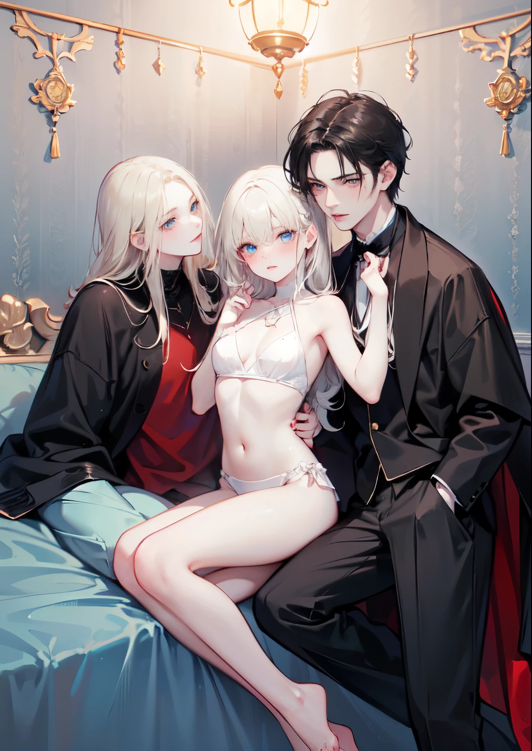 (((full-body view))), ((girl and two men)), ((dark fantasy)), mature male, 30-ish, (wide shoulder), ((no chest hair)),man with short black Quiff hair with Soft Fringe, (bangs part on side 3:7 ratio), blue eyes, upper body, short hair, looking at viewer, parted lips, round eyewear, showing a bit of muscles,(( girl with wavy hair, pale skin, long light blond hair),((light blue eyes)), freckles,(girl ************),erotic posing,Gothic background, Dark fantastic view,Best Quality,masutepiece,8K,The ultimate detailed dark background, Top image quality、RAW photography、超A high resolution，cropped shoulders, overall look is very erotic, model shoot, round chest, Beautiful Eyes of Details、Very slender eyes、Beautiful eyelashes、Very slim physique, with blush cheeks, bedroom background