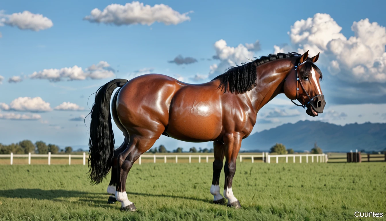 big Belgian draft horse mare (side view). big bum. very short tail. horse facing horizon . flat grass meadow. steaming horse dung behind horse. cloudless blue sky. full figured African woman riding horse.