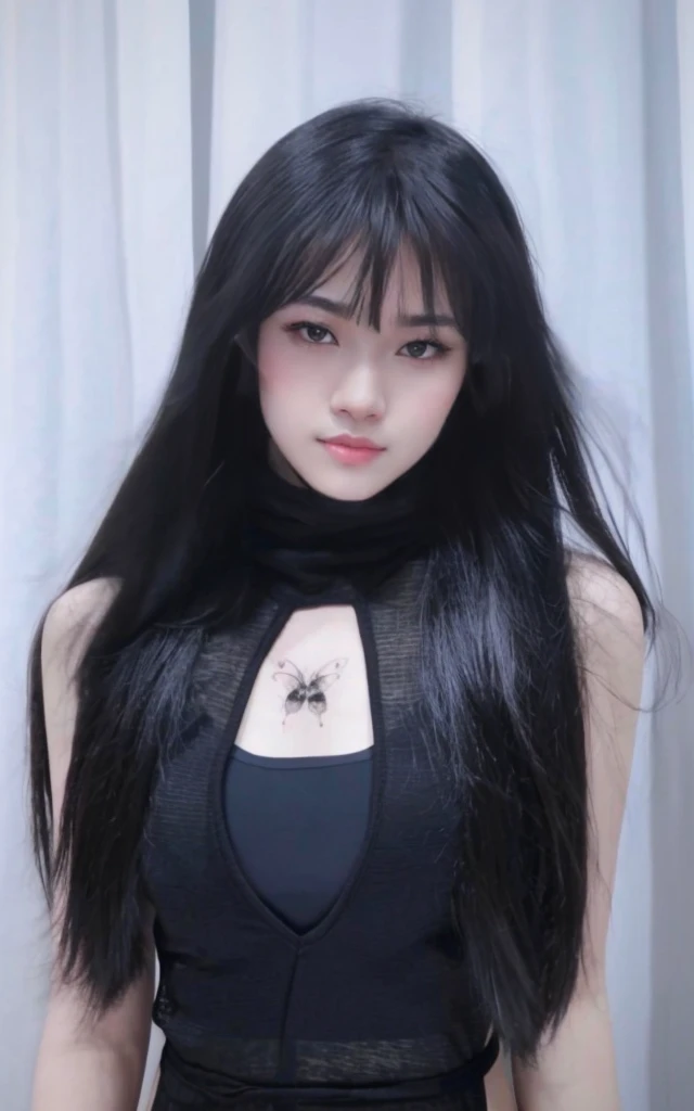 a close up of a woman with long black hair wearing a black dress, she has black hair with bangs, cruel korean goth girl, black hime cut hair, xision wu, long black hair with bangs, xintong chen, full body xianxia, ulzzang, long thin black hair, sui ishida with black hair, wenfei ye