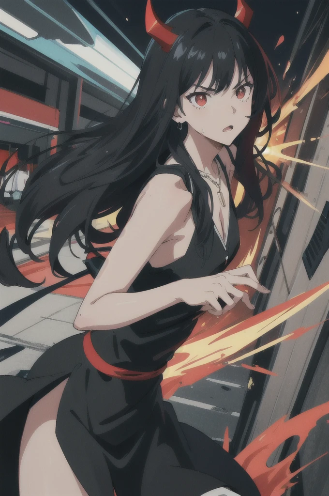 colorful flat illustration classical animes, Fierce anime girl with long black hair, glowing red and glowing red eyes wearing a all black sleeveless mini dress and necklace, engaged in an intense battle against a small black monsters. She releases a burst of energy, pushing the demon away from the . within the devastated interior of a modern shopping mall store at night. The dynamic, action-filled scene is rendered in a colorful, flat illustration style inspired by Japanese artists, featuring blood and bold black outlines., draw art style influenced by japanese artists, niji, black outlines ultra-detailed, 8k, , dramatic lighting, cinematic, highly detailed face, elegant, intricate details, vibrant colors, dramatic shadows, hyper-realistic, masterpiece,