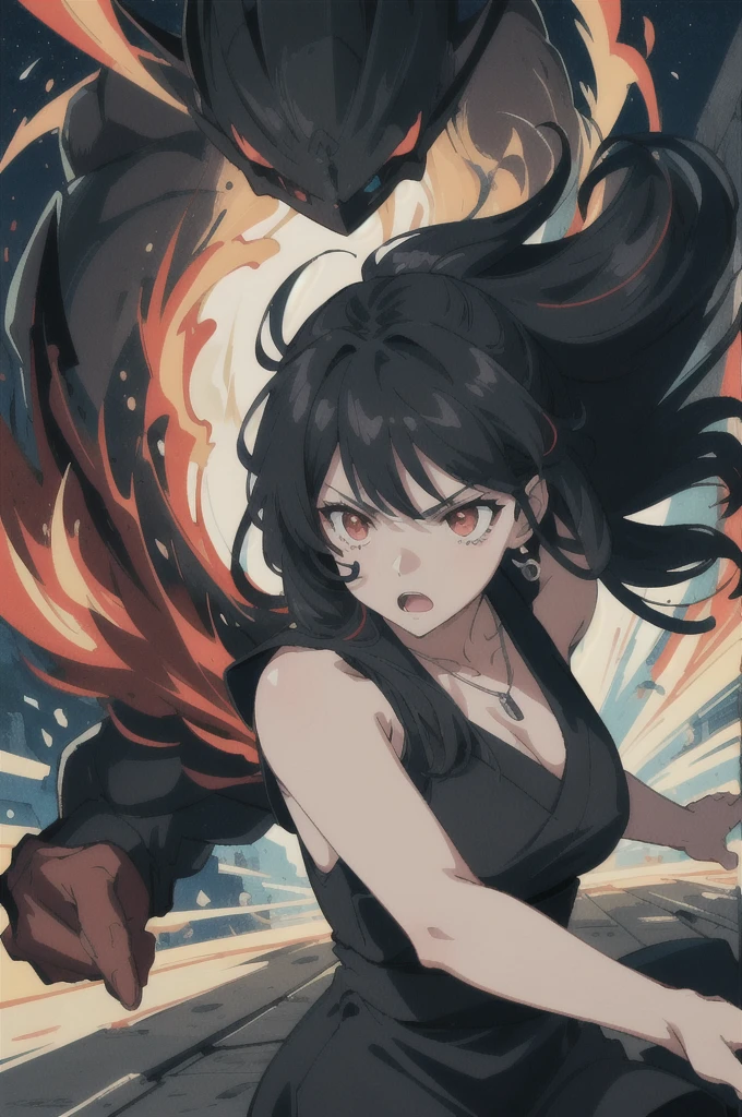 colorful flat illustration classical animes, Fierce anime girl with long black hair, glowing red and glowing red eyes wearing a all black sleeveless mini dress and necklace, engaged in an intense battle against a small black monsters. She releases a burst of energy, pushing the demon away from the . within the devastated interior of a modern shopping mall store at night. The dynamic, action-filled scene is rendered in a colorful, flat illustration style inspired by Japanese artists, featuring blood and bold black outlines., draw art style influenced by japanese artists, niji, black outlines ultra-detailed, 8k, , dramatic lighting, cinematic, highly detailed face, elegant, intricate details, vibrant colors, dramatic shadows, hyper-realistic, masterpiece,