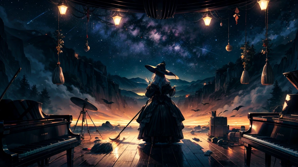 Create an image featuring a witch as the central figure. The witch is riding a broomstick, and the background is themed around a night sky with celestial bodies, inspired by a retro, mechanical stage set design. The stars should be depicted as if they are hanging from the ceiling by piano wires. The perspective should be from a slightly elevated, overhead view looking down at the entire setup. The scene should evoke a magical, otherworldly atmosphere.