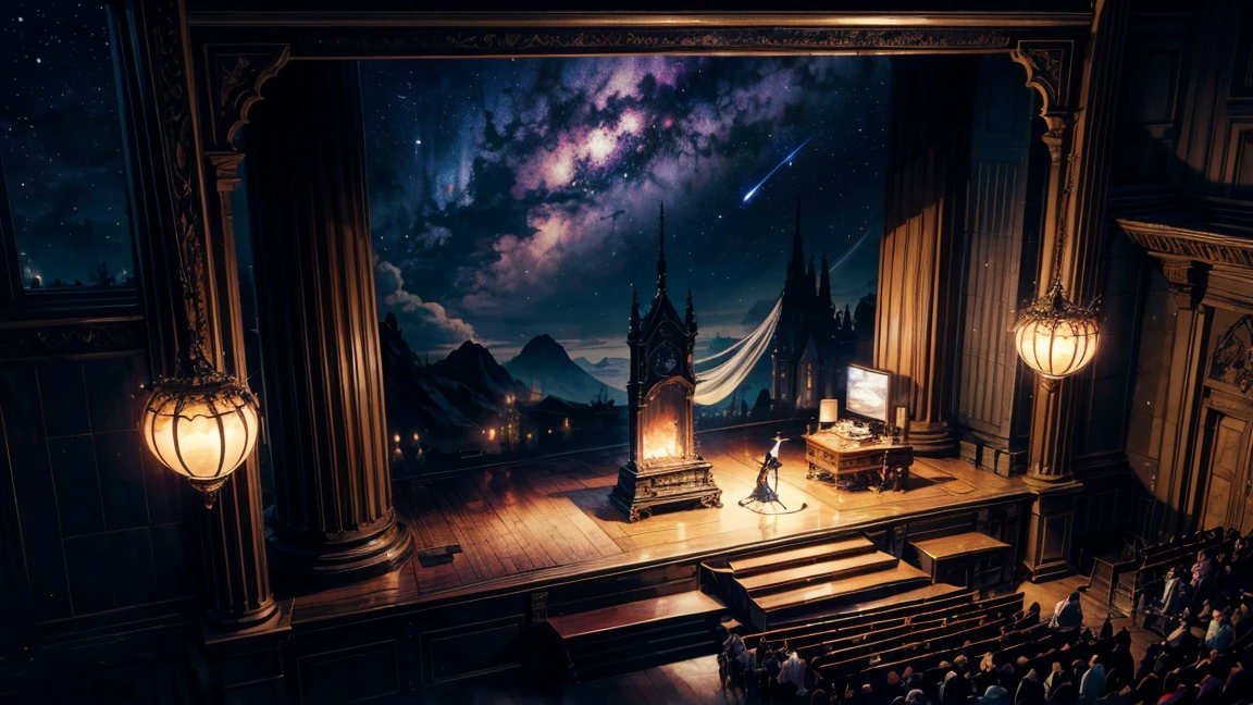 Create an image featuring a witch as the central figure. The witch is riding a broomstick, and the background is themed around a night sky with celestial bodies, inspired by a retro, mechanical stage set design. The stars should be depicted as if they are hanging from the ceiling by piano wires. The perspective should be from a slightly elevated, overhead view looking down at the entire setup. The scene should evoke a magical, otherworldly atmosphere.