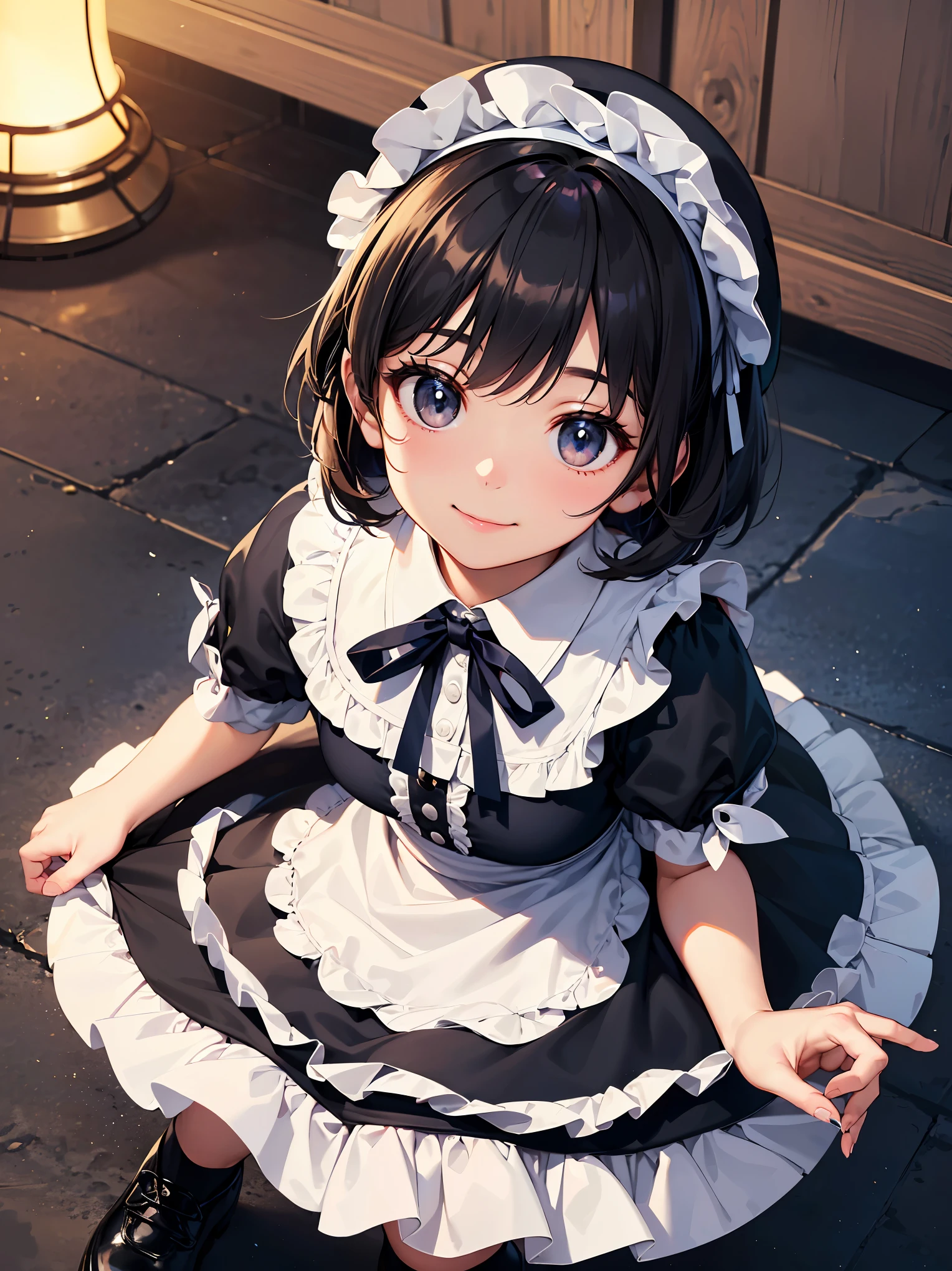 (Highest quality、16K、masterpiece、Ultra-high resolution、Victorian era、Photorealistic:1.2)、A smiling under the stars, a toddler wearing a maid hat with ruby accessories, she is wearing a white and black gothic maid dress with navy blue ribbon. Black stockings, black shoes, cute, super cute toddler maid tsundere、Heroine's Attributes、Artistic shading、Perfect Face、Detailed portrait、