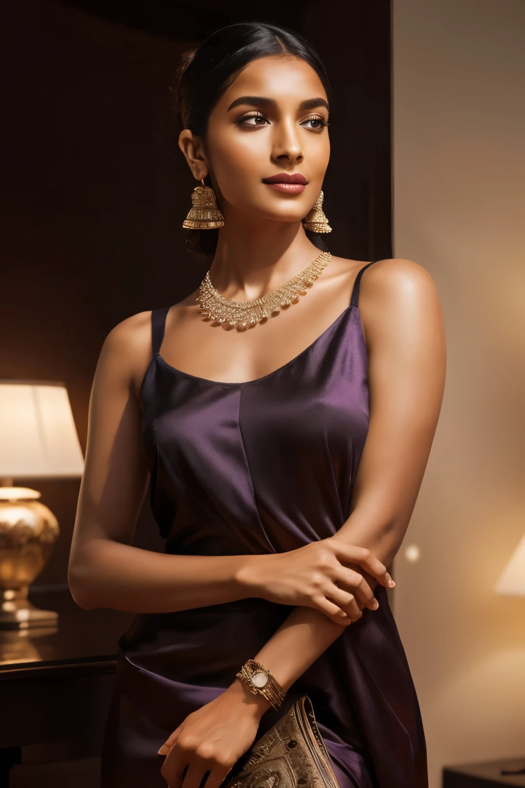 In this photograph, an Indian Instagram female model in her mid-20s takes center stage. She has curly hair, styled in a classic bun with jasmine flowers. Her highly detailed face exudes warmth with a smile. The background showcases a 5-star hotel’s moody private study, evoking a sense of luxury and sophistication. The photograph, captured by Lee Jeffries using a Nikon D850 with a film stock of 4 Kodak Portra 400 and a camera f1.6 lens, displays rich colors, hyper-realistic and lifelike texture, dramatic lighting, and realistic detail.

The model is wearing a short violet top that exudes elegance and sophistication. Completing her ensemble, she adorns herself with traditional jewelry, including bangles, earrings, and a necklace.

The photograph is meticulously captured in 8K resolution using cutting-edge techniques such as Cinema 4D and Octane Render, resulting in a highly detailed and photorealistic image. Studio lighting, HDR, and a smoky mist create a captivating ambiance, while the bokeh effect adds an artistic touch.