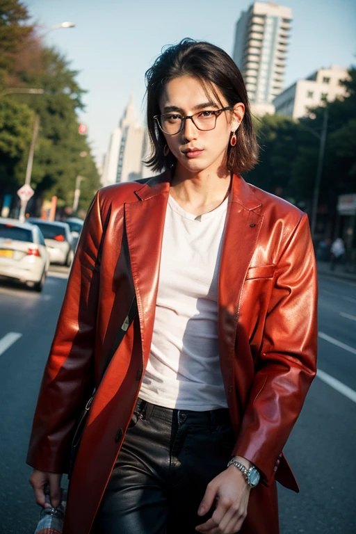 male,Baldhead,Young,Red Eyes,Beautiful watch,earrings,Stylish suits,Poker face,Chili sauce bottle,Lenses,Glasses,walk,Cool,Anime style