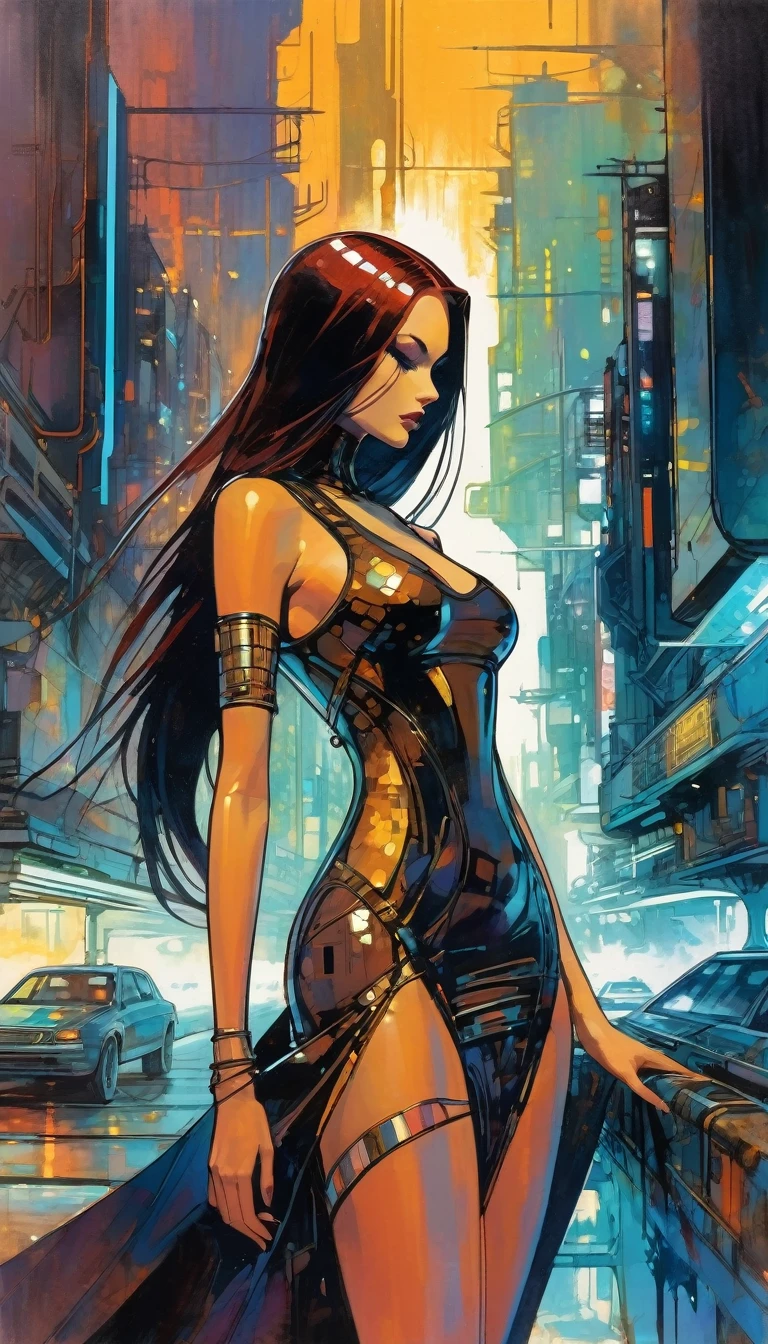 sexy girl futuristic long hair, sexy futuristic tight dress, futuristic city.1.5, rusty metal city, lots of details (Bill Sienkiewicz inspired art, intricate details, oil painting)