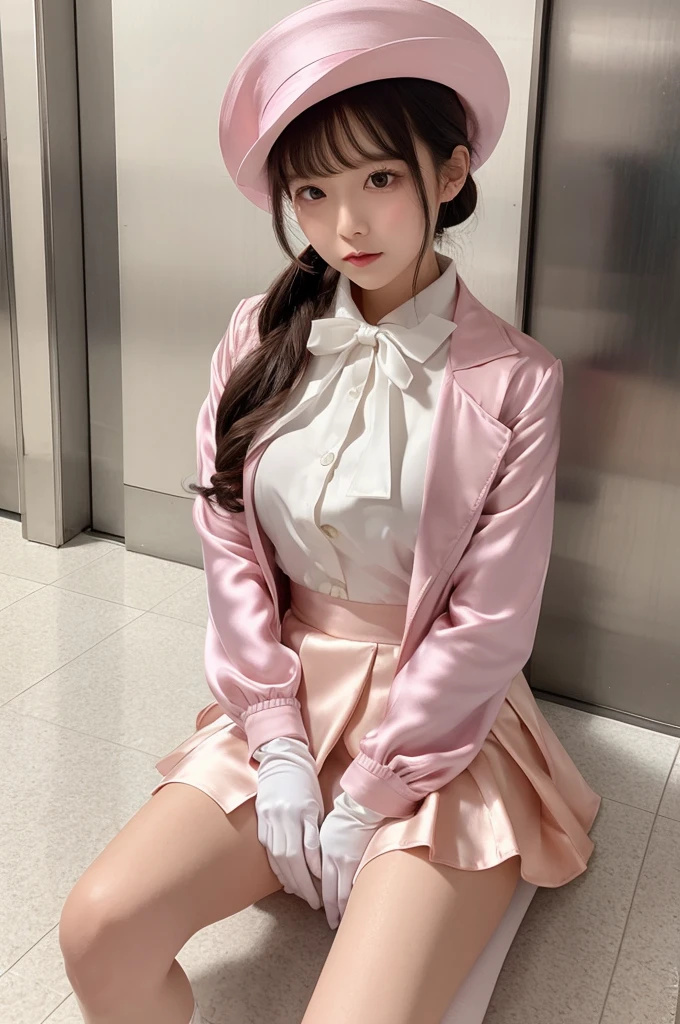 Highest quality、Elevator Girl、A short pink jacket made of shiny, lustrous silk、White blouse with ribbon、Very short tight skirt、Micro Mini Skirt、A small round hat with a ribbon、Skinny、White gloves、Crying face、Sit on the floor facing the front、Face straight