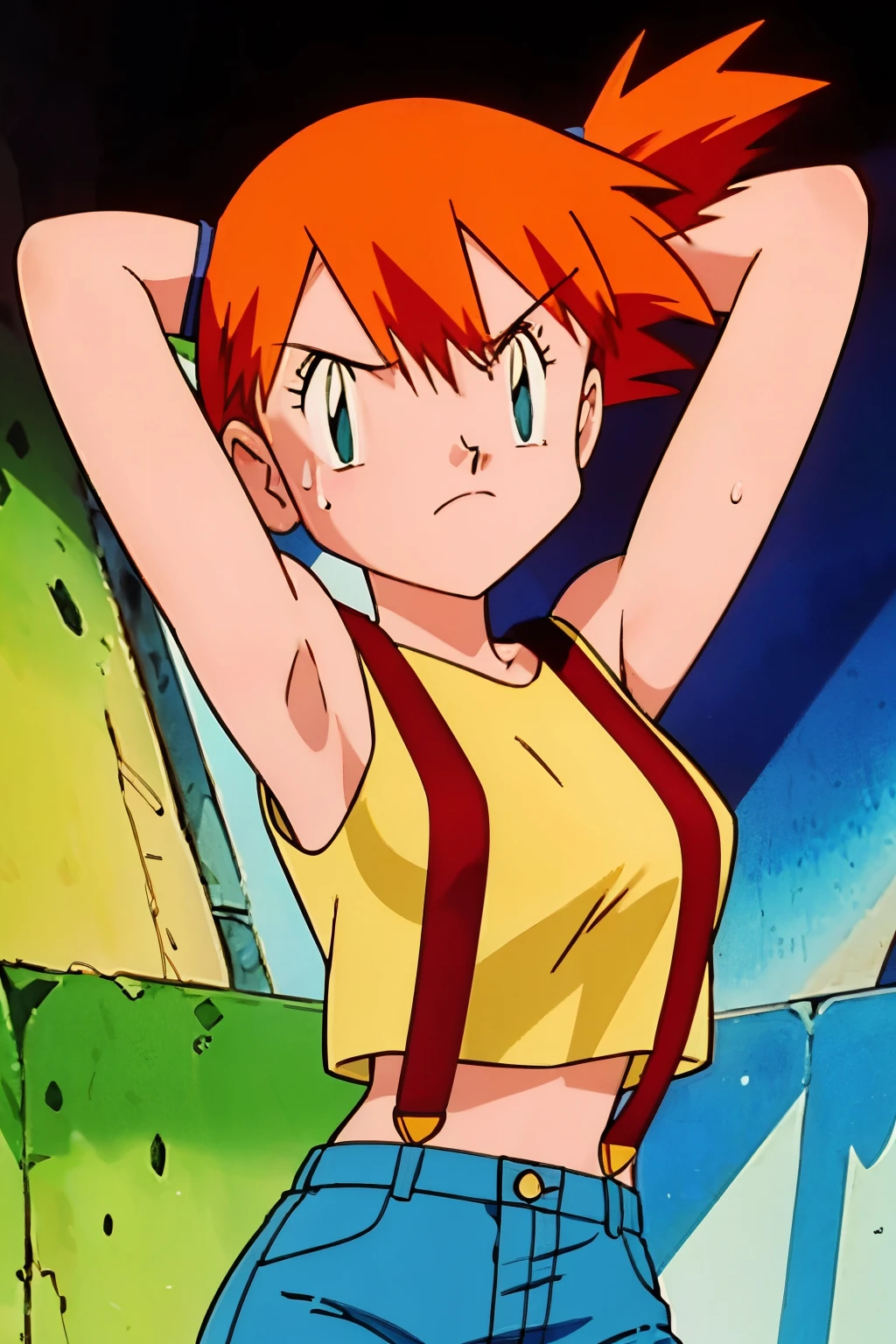 misty (pokemon), angry face, yellow shirt, sleeveless shirt, suspenders, denim shorts, sneakers, armpits, showing armpits, cum on armpits, arms behind head, sweating, solo, masterpiece, 1girl