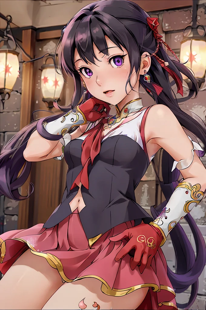 (masterpiece), (best quality), (ultra-detailed), shizuka,hot,intricate detail, detailed beautiful face and eyes,1girl, solo, purple eyes, purple hair, long dark blue hair, white earrings, red hairband, star hair ornament,fingerless gloves, gloves,pantyhose, jewelry, pleated_skirt,red skirt, short sleeves, Blunt Bangs,shizuka,hot,sea background