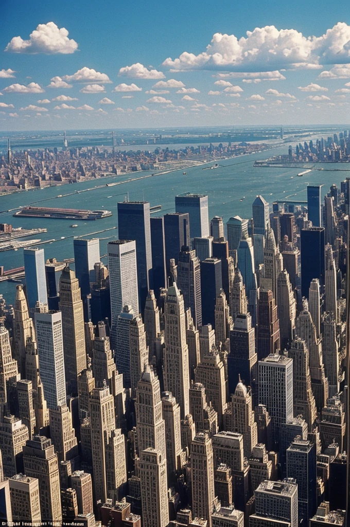 Give me a close-up picture of New York in the 1980s, standing on a hill,The sky is blue