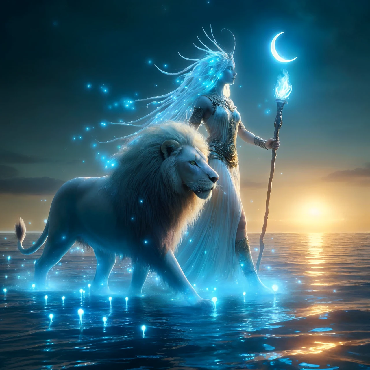 Dreamlike and magical scene of the Celtiberian goddess Noctiluca walking on the surface of the sea accompanied by a majestic and ethereal white lion with a leafy mane. She carries a torch in her hand. The scene is illuminated by the bioluminescent blue glow of the goddess and the glowing particles that surround them., by the crescent moon and the stars. She is dressed in a light, translucent dress that flows in the air and seems to merge with the water around her.. An epic fantasy scene, but with great graphic realism, full of detail and beauty. With an exceptional richness of nuances and exquisiteness down to the smallest detail.. A masterpiece that seems about to come to life and brims with divinity.