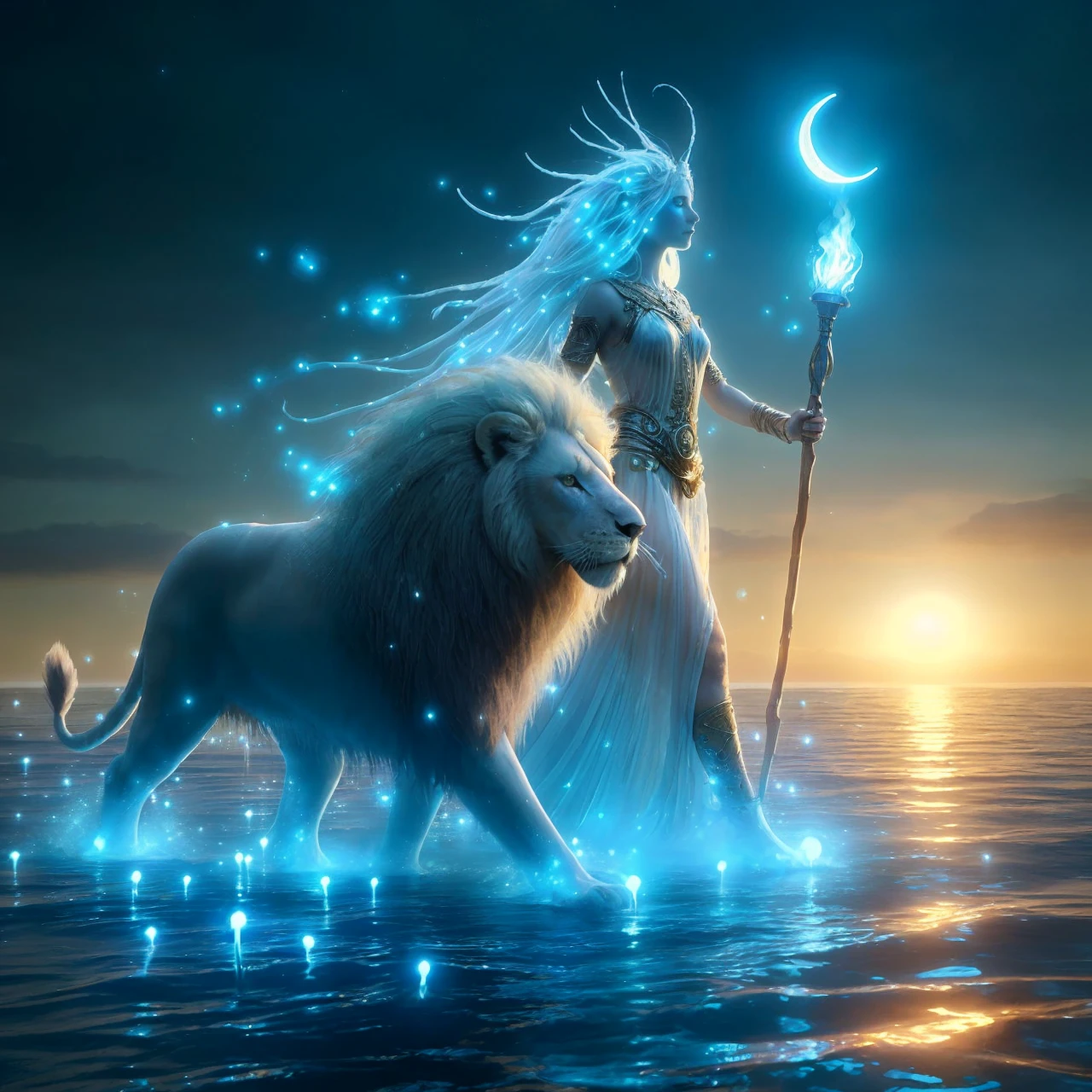 Dreamlike and magical scene of the Celtiberian goddess Noctiluca walking on the surface of the sea accompanied by a majestic and ethereal white lion with a leafy mane. She carries a torch in her hand. The scene is illuminated by the bioluminescent blue glow of the goddess and the glowing particles that surround them., by the crescent moon and the stars. She is dressed in a light, translucent dress that flows in the air and seems to merge with the water around her.. An epic fantasy scene, but with great graphic realism, full of detail and beauty. With an exceptional richness of nuances and exquisiteness down to the smallest detail.. A masterpiece that seems about to come to life and brims with divinity.