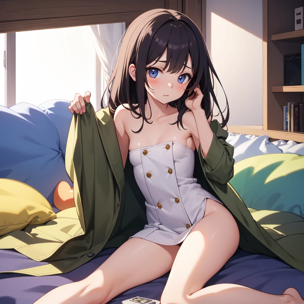 Highest quality、Ultra-high resolution、Fantasy、roleplaying game、A small-breasted naked girl with a shy look on her bed