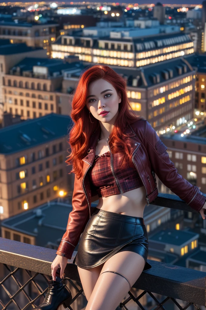 masterpiece, best quality, ultra-detailed, (photorealistic:1.4), illustration,(1girl) scarlet hair, beautiful detailed eyes, rooftop, (night:1.2), moon, (from above:1.1), leaning against railing, cityscape, cinematic lights, bokeh, leather jacket, midriff, crop top, plaid skirt, pantyhose, heeled boots
