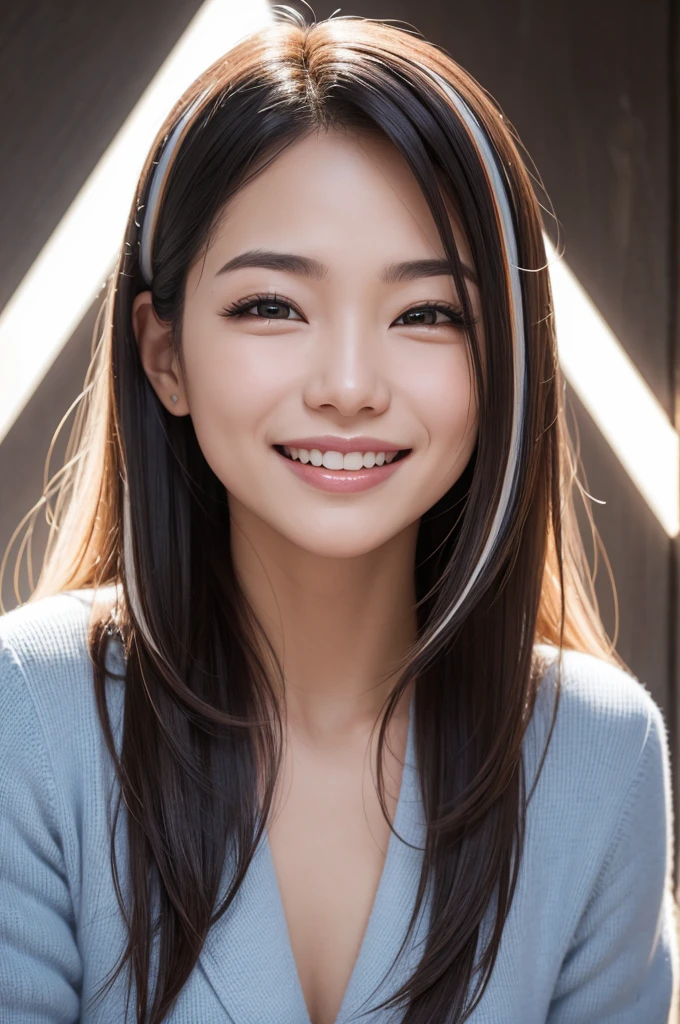 A political woman with light-streaked hair, small eyes and nose, big mouth, medium face and beautiful smile