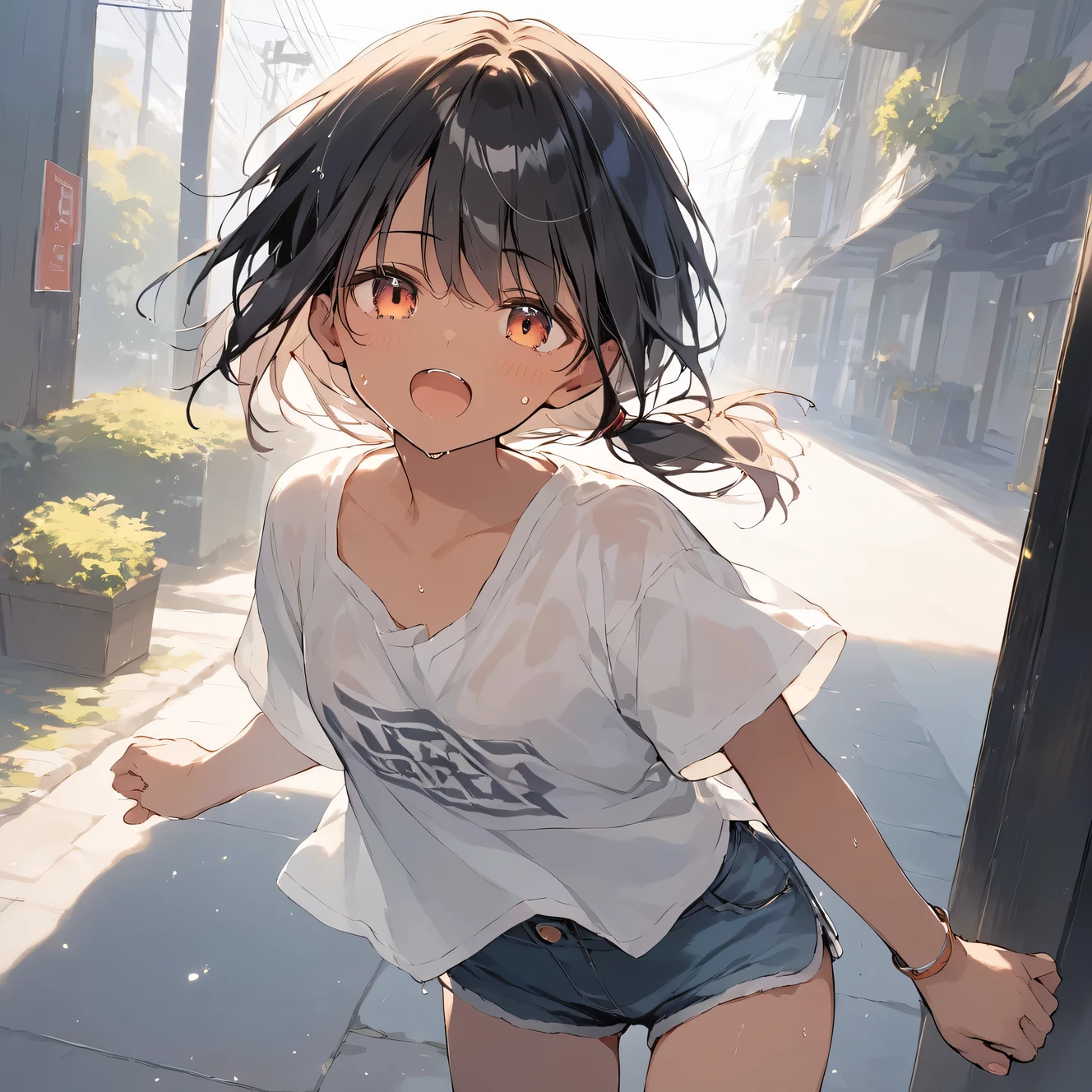 score_9, score_8_up, score_7_up, source_anime, best quality, masterpiece, official art, absurdres, highres, ultra-detailed,waifu2x,Collection: Slice of Life,break,1girl, tomboy, dark-skinned female, short hair, low ponytail, small breasts, beautiful detailed eyes, short shorts, sweat, open mouth, (yawn:0.3), sleepily, outdoors, wind, break,(clear line illustration:1.2),very high resolution, very aesthetic, super detailed skin, Best sexual lighting powered by famous artist, 8k,cute picture,beauty illustration,photoshop_(medium),,(Detailed Lighting),best anime 8k konachan wallpaper, pixiv contest winner,