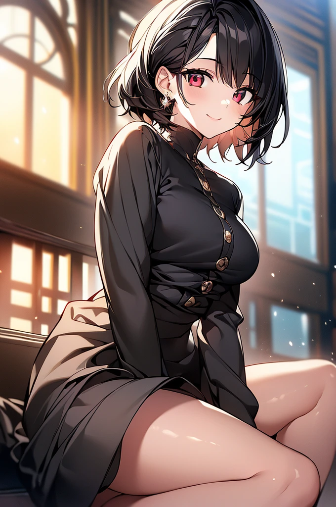 (masterpiece, highest quality, highest quality, (No text), Beautiful and aesthetic:1.2),No text,アニメ、 high resolution　BREAK,One Girl，Short black hair　Beautiful eyes　Red eyes　Beautiful girl　cool　smile　Black Coat　mini skirt　whole body　Night view　Detailed eyes and face