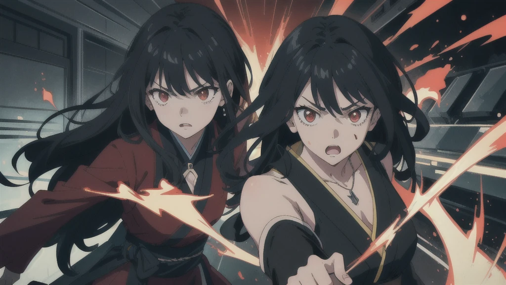 colorful flat illustration classical animes, Fierce anime girl with long black hair, glowing red and glowing red eyes wearing a all black sleeveless mini dress and necklace, engaged in an intense battle against a small black monsters. She releases a burst of energy, pushing the demon away from the . within the devastated interior of a modern shopping mall store at night. The dynamic, action-filled scene is rendered in a colorful, flat illustration style inspired by Japanese artists, featuring blood and bold black outlines., draw art style influenced by japanese artists, niji, black outlines ultra-detailed, 8k, , dramatic lighting, cinematic, highly detailed face, elegant, intricate details, vibrant colors, dramatic shadows, hyper-realistic, masterpiece,