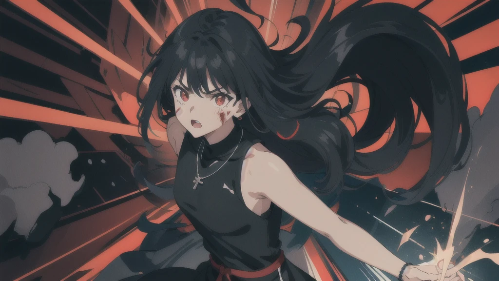 colorful flat illustration classical animes, Fierce anime girl with long black hair, glowing red and glowing red eyes wearing a all black sleeveless mini dress and necklace, engaged in an intense battle against a small black monsters. She releases a burst of energy, pushing the demon away from the . within the devastated interior of a modern shopping mall store at night. The dynamic, action-filled scene is rendered in a colorful, flat illustration style inspired by Japanese artists, featuring blood and bold black outlines., draw art style influenced by japanese artists, niji, black outlines ultra-detailed, 8k, , dramatic lighting, cinematic, highly detailed face, elegant, intricate details, vibrant colors, dramatic shadows, hyper-realistic, masterpiece,