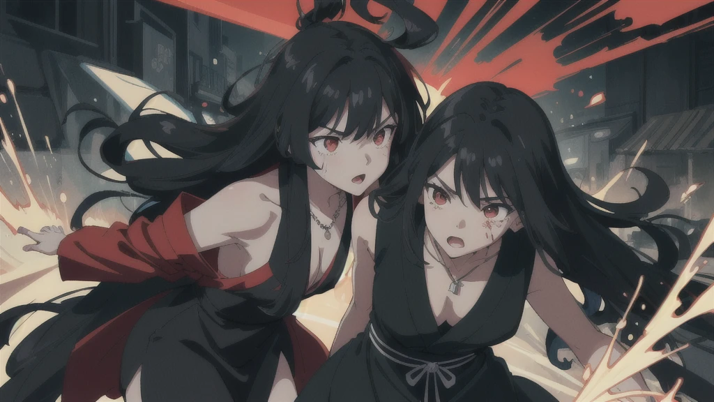 colorful flat illustration classical animes, Fierce anime girl with long black hair, glowing red and glowing red eyes wearing a all black sleeveless mini dress and necklace, engaged in an intense battle against a small black monsters. She releases a burst of energy, pushing the demon away from the . within the devastated interior of a modern shopping mall store at night. The dynamic, action-filled scene is rendered in a colorful, flat illustration style inspired by Japanese artists, featuring blood and bold black outlines., draw art style influenced by japanese artists, niji, black outlines ultra-detailed, 8k, , dramatic lighting, cinematic, highly detailed face, elegant, intricate details, vibrant colors, dramatic shadows, hyper-realistic, masterpiece,