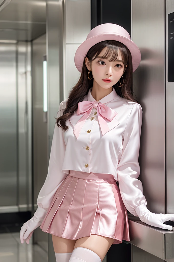 Highest quality、Elevator Girl、A short pink jacket made of shiny, lustrous silk、White blouse with ribbon、Very short tight skirt、Micro Mini Skirt、A small round hat with a ribbon、Skinny、White gloves、Crying face、Sit on the floor facing the front、Face straight