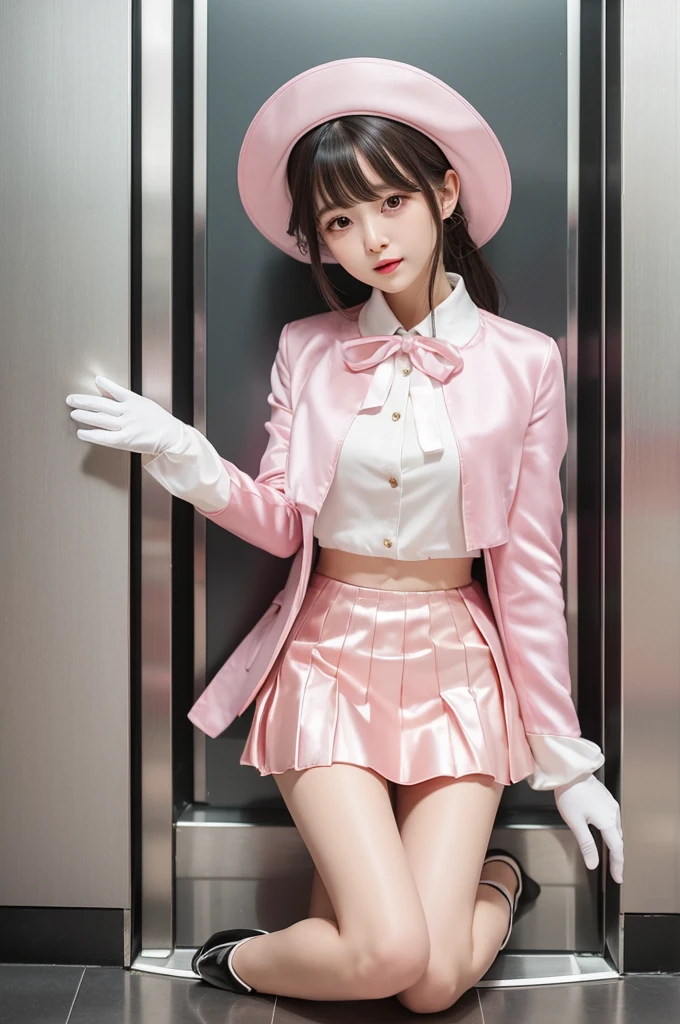 Highest quality、Elevator Girl、A short pink jacket made of shiny, lustrous silk、White blouse with ribbon、Very short tight skirt、Micro Mini Skirt、A small round hat with a ribbon、Skinny、White gloves、Crying face、Sit on the floor facing the front、Face straight