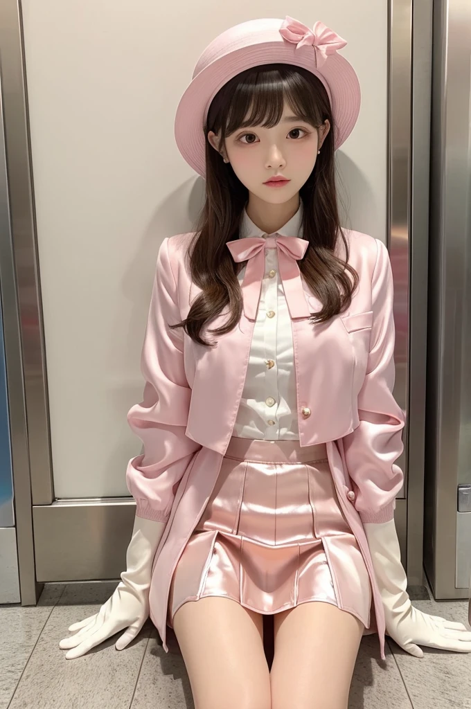 Highest quality、Elevator Girl、A short pink jacket made of shiny, lustrous silk、White blouse with ribbon、Very short tight skirt、Micro Mini Skirt、A small round hat with a ribbon、Skinny、White gloves、Crying face、Sit on the floor facing the front、Face straight