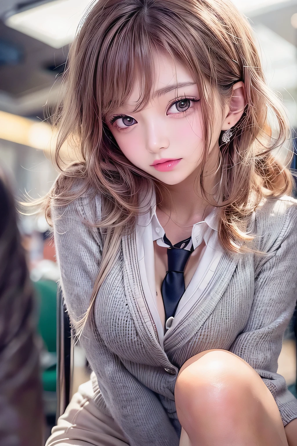 masterpiece, 1 Beautiful girl, Fine grain, highest quality, Ultra High resolution, (reality: 1.4), Cinema Lighting, Beautiful Skin, (Ultra-realistic), (High resolution), (8k), (Very detailed), Pouting slightly,  (Crystal colorful lights), Extremely refined and beautiful, beautiful detailed eyes, Round eyes, detailed facial features, (Round pupils:1.4), (alluring face), Glistening Lips, smile, (small breasts:1.3), Open lips, (Beautiful and detailed face, Beautiful and delicate eyes), pink cheek, mascara, brown hair, wearing a office staff suit, jacket, pencil skirt, teacher cosplay, school, off shoulder, (cleavage:1.3), (see through:1.1), Exposed thighs, Beautiful thighs, Showing off thighs, cross legs, night, Seduction, Seduction pose, night School Classrooms,