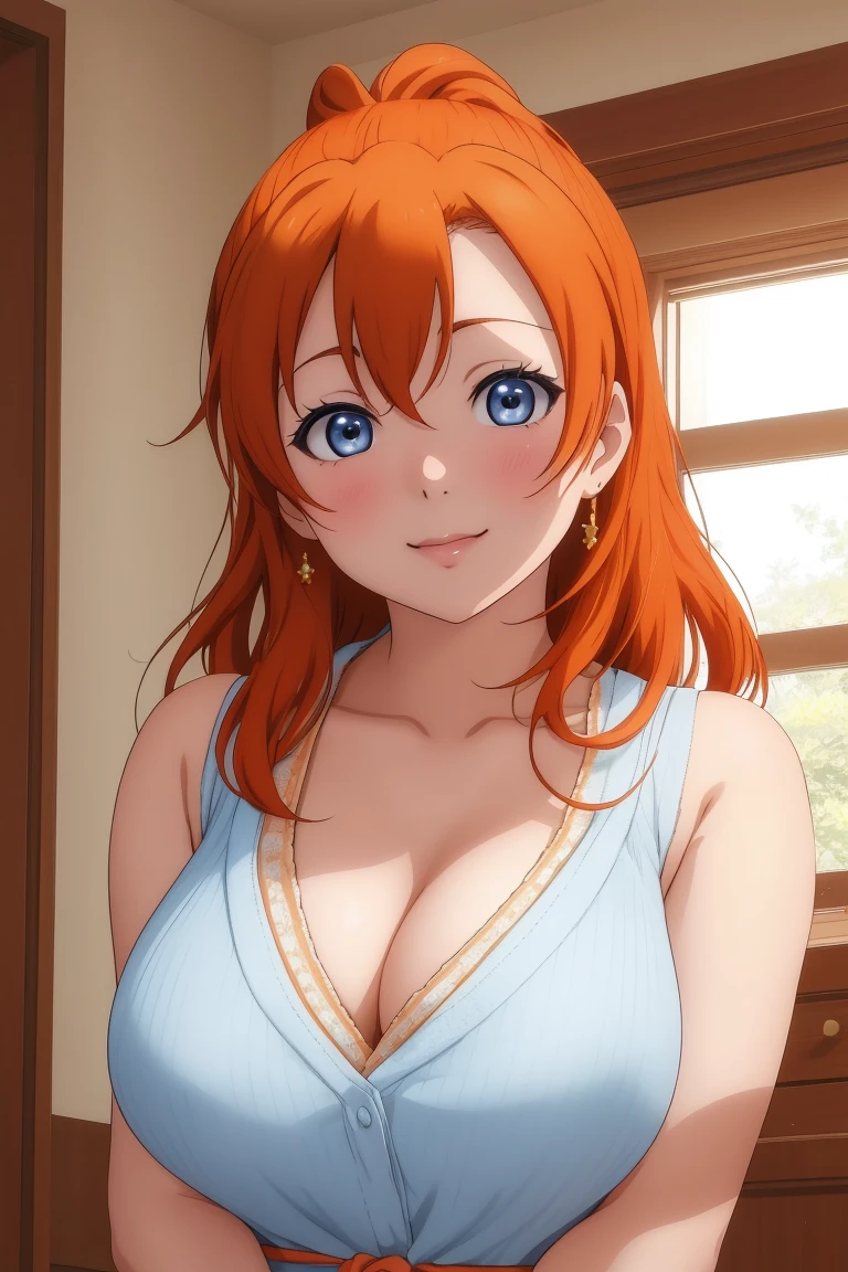 Masterpiece,best quality,Kousaka honoka, blue eyes, orange hair, looking_at_viewer, upper body, cozy top, cleavage , perfect shadow, beautiful,cozy