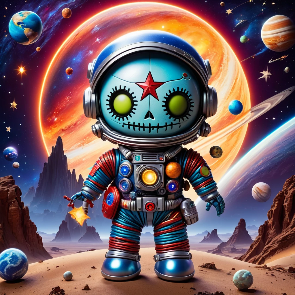 (knitted toy voodoo doll:1.6), (Voodoo Space Traveler:1.3), (clothes Spacesuit with emblems of planets, glowing helmet:1.0), (Star Atlas, miniature rocket:1.1) (against the background Galactic landscape with planets and stars:1.3), best quality, masterpiece, detailed soft oil painting, detailed background, dramatic cinematic lighting, soft edge lighting, professional, dramatic lighting, hard edge lighting, ultra quality, 4k, masterpiece, best quality, 8k, ultra high definition, high resolution, extremely detailed