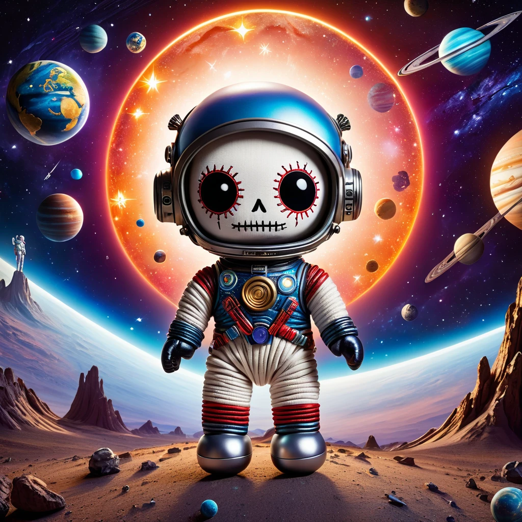 (knitted toy voodoo doll:1.6), (Voodoo Space Traveler:1.3), (clothes Spacesuit with emblems of planets, glowing helmet:1.0), (Star Atlas, miniature rocket:1.1) (against the background Galactic landscape with planets and stars:1.3), best quality, masterpiece, detailed soft oil painting, detailed background, dramatic cinematic lighting, soft edge lighting, professional, dramatic lighting, hard edge lighting, ultra quality, 4k, masterpiece, best quality, 8k, ultra high definition, high resolution, extremely detailed