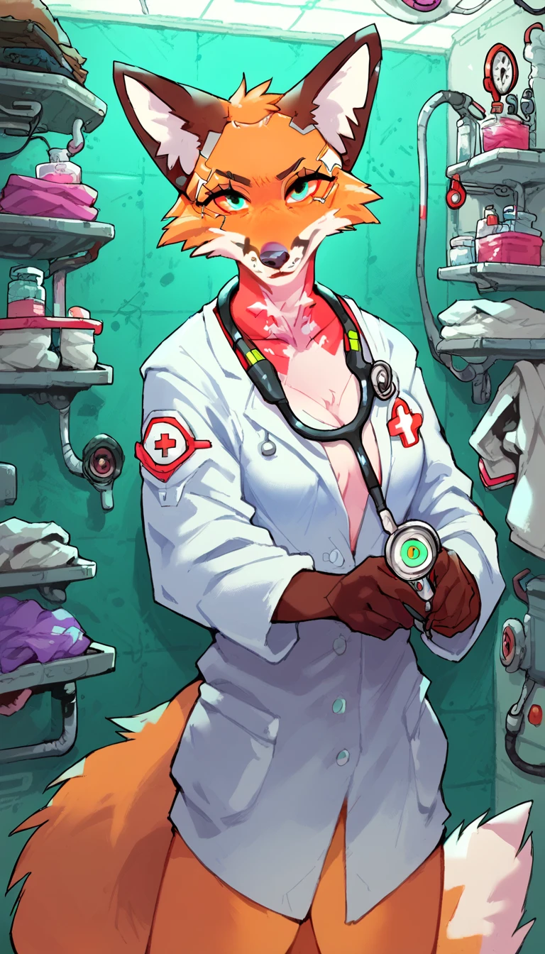 score_9, score_8_up, score_7_up, (cyberpunk city, Hospital, operations room, medicines on background:1.5),
((Fox:1.2), anthro, solo, female, (portrait, standing), (holdingtablet), ((wearing medical robe, doctor, doctor's robe), (wearing stethoscope, phonendoscope)), ((fox fur)), beautiful, (have cyberpunk-style additions)