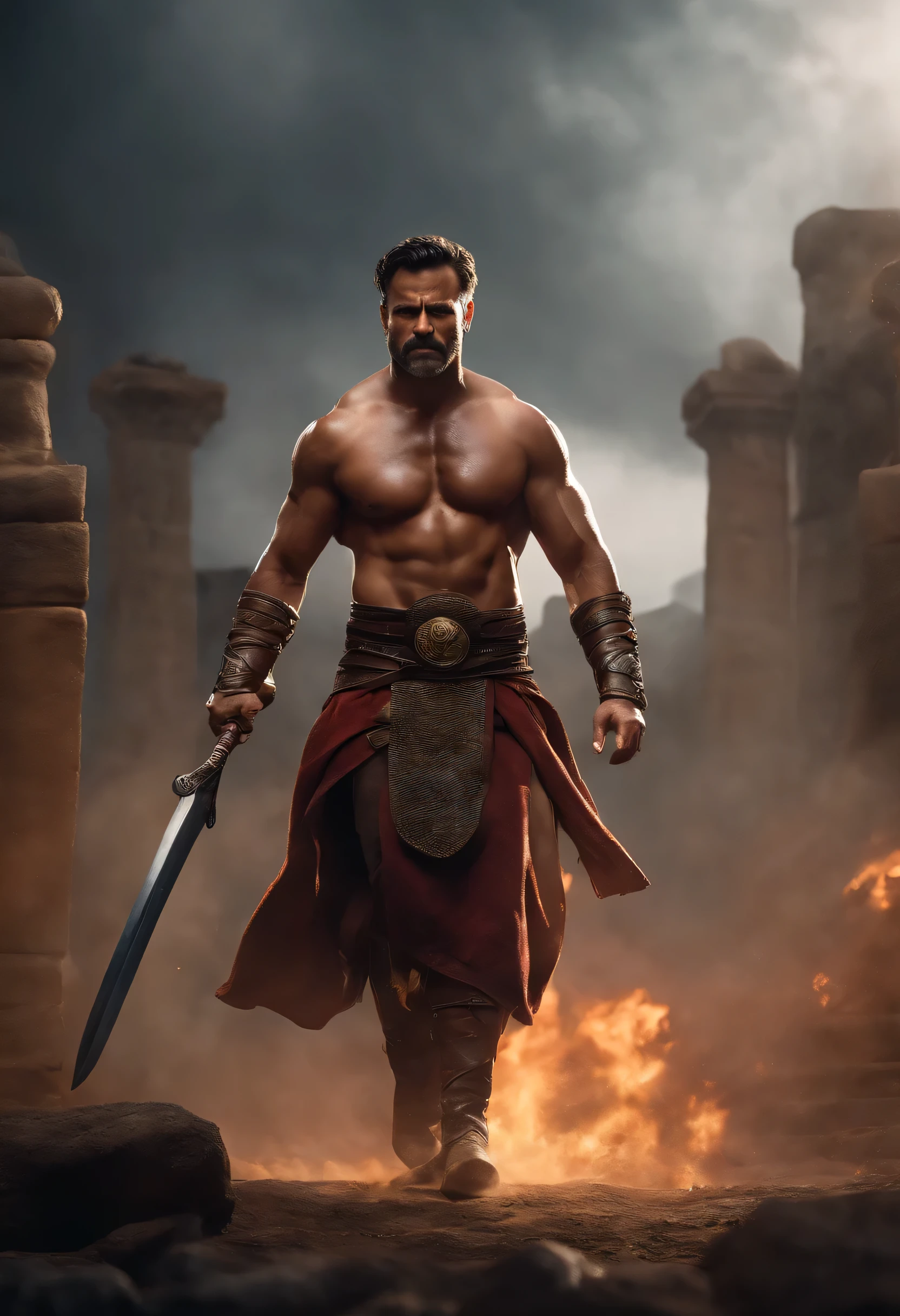 Masterpiece, detailed, intricate, epic fantasy, showy, whole body, slight angle, man, 40 years old, heavy, muscular, equipped, ankle wraps, very hairy torso, big and strong hands, fine detailed, run, intense action, dynamic juxtaposition, revealing and skimpy bondage outfit, Balder and balder, affected smile, gladiator, with a sword, blades, big old city on fire in the background, Heavy Rain, smog, pointing away, depth of field, particle effects, High quality shadows, intense action